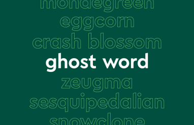 List of words in white outline, with central word in bold white font, on dark green background: “mondegreen, eggcorn, crash blossom, ghost word, zeugma, sesquipedalian, snowclone”